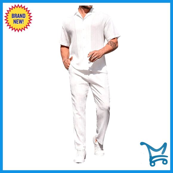 Men's Linen Button Down Shirt and Pants Set Short Sleeve Summer Vacation